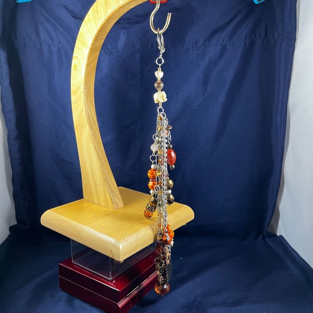 Artisan Autumn Safari Bag Charm With Orange & Amber Beads Handcrafted Dangling D
